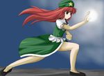  blue_eyes bow braid china_dress chinese_clothes dress fighting_stance hair_bow hat hong_meiling long_hair nodoka_(artist) red_hair solo star touhou twin_braids 