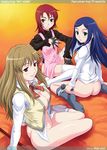  ass bottomless breasts cleavage fujino_shizuru kuga_natsuki large_breasts long_sleeves maruto! multiple_girls my-hime no_panties open_clothes open_shirt shirt thighhighs yuuki_nao 