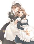  apron arms_around_neck brown_eyes brown_hair frills green_eyes hug hug_from_behind long_sleeves maid minakami_kaori multiple_girls original product_placement yuri 