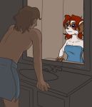  2016 altered_reflection anthro bathroom blue_eyes brown_hair female hair halcy0n haley_the_meerkat herpestid human male mammal meerkat mirror mongoose red_hair reflection smile towel 