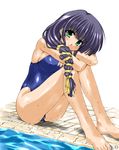  artist_request blue_hair comic_party covered_nipples green_eyes hasebe_aya one-piece_swimsuit pool poolside sitting solo swimsuit wet 