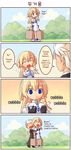  1girl 4koma :d bag blonde_hair blue_eyes breast_grab breasts carrying closed_eyes comic grabbing groping hard_translated huphup mariaver_curio medium_breasts open_mouth ponytail rik_nichols shigatake sincere smile speech_bubble sweatdrop translated twintails walking white_hair 