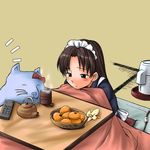  animal animated animated_gif brown_hair cat cup food fruit futaba_channel green_eyes kettle kotatsu maid maid_headdress mandarin_orange medoi nijiura_maids sanrio_(nijiura) solo table tea yunomi 