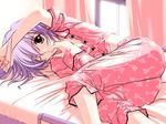  ass bed happy_lesson long_sleeves ninomai_kisaragi pajamas pants pink_pants purple_hair sasaki_mutsumi solo yellow_eyes 