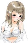  blush bra breasts brown_hair inuburo lingerie long_hair medium_breasts open_clothes open_shirt original shirt simple_background solo underwear white_background 
