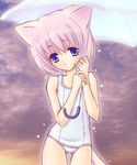  animal_ears bad_id bad_pixiv_id blue_eyes cat_ears cat_tail flat_chest one-piece_swimsuit original pink_hair rin-45c school_swimsuit short_hair solo swimsuit tail thighhighs umbrella white_school_swimsuit white_swimsuit 