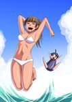  :d armpits arms_up barefoot bikini breasts cloud day fang hair_ornament hairclip hairpin jumping katwu_(gensou_ninja_yashiki) maria-sama_ga_miteru multiple_girls navel open_mouth outdoors ponytail sky smile swimsuit tsukiyama_minako water white_bikini yamaguchi_mami 