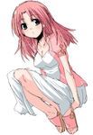  asaba_ureshiko blush breasts cleavage dress feet green_eyes long_hair medium_breasts oekaki okusama_wa_mahou_shoujo onija_tarou open_clothes open_shirt pink_hair sandals shirt simple_background sitting sketch solo star sundress white_background 