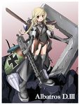  aircraft airplane albatros_diii biplane cross elbow_gloves german gloves gun iron_cross machine_gun mecha_musume military nano original panties ruins solo thighhighs underwear weapon world_war_i 