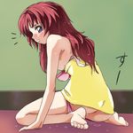  ass barefoot bra breasts feet gundam gundam_seed gundam_seed_destiny haruyama_kazunori large_breasts long_hair lowres meyrin_hawke nipple_slip nipples panties panty_pull purple_eyes red_hair sitting soles solo strapless strapless_bra towel underwear wardrobe_malfunction wariza wet 