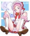  anemone_(eureka_seven) ashita_no_nadja body_blush boots bow brooch cosplay cross-laced_footwear crotch_seam eureka_seven eureka_seven_(series) frilled_boots frills hair_ornament hairclip hat jewelry kei_jiei knee_boots knees koshimizu_ami lace-up_boots miniskirt nadja_applefield nadja_applefield_(cosplay) panties pantyshot pantyshot_(sitting) parody pink_eyes pink_frills pink_hair porkpie_hat seiyuu_connection shoe_soles sitting skirt solo spread_legs trefoil underwear white_footwear zoom_layer 