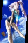  bent_over blue_eyes cat cloud day long_hair one-piece_swimsuit pointy_ears primula school_swimsuit screencap shuffle! silver_hair sky solo stitched sun swimsuit third-party_edit twintails water 