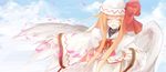  blonde_hair cherry_blossoms closed_eyes cloud day hat hat_ribbon lily_white long_hair long_sleeves neck_ribbon open_mouth petals ribbon smile solo touhou wide_sleeves wings yukitarou_(awamori) 