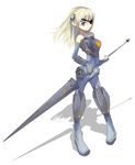  artist_request bare_shoulders blonde_hair crossbone_gundam crossbone_gundam_x-2 eyepatch green_eyes gundam gundam_f91 lance mecha_musume polearm solo weapon 