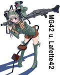  artist_request blush boots brown_skirt english green_footwear grey_hair gun hair_ornament iron_cross leaning_forward machine_gun mecha_musume mg42 military open_mouth original over_shoulder red_eyes shadow short_twintails skirt solo standing thighhighs twintails weapon world_war_ii 