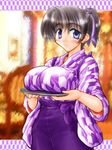  artist_request bashamichi black_hair blue_eyes breast_rest breasts breasts_on_tray carried_breast_rest huge_breasts japanese_clothes long_sleeves solo tasuki tray waitress yagasuri 