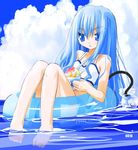 afloat barefoot bikini blue_eyes blue_hair cloud day electric_plug innertube long_hair noto_(soranoto) original shaved_ice solo swimsuit water 