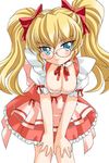  apron aqua_eyes bangs blonde_hair blush bow breasts cleavage closed_eyes closed_mouth daikuuji_ayu detached_collar downblouse dress frilled_dress frills hair_bow head_tilt kimi_ga_nozomu_eien large_breasts long_hair non-web_source pink_apron red_bow red_dress red_ribbon ribbon rimless_eyewear round_eyewear short_sleeves sima smile solo twintails waitress white_background 