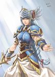  2005 armor armored_dress azusa_(hws) braid dated feathers helmet lenneth_valkyrie long_braid long_hair pauldrons single_braid solo sword valkyrie_profile vambraces very_long_hair weapon 