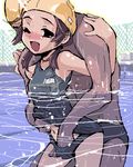  1girl :d blue_eyes blush brown_hair chain-link_fence copyright_request fence fingering hand_under_clothes hand_under_swimsuit hetero kurusu_tatsuya lowres male_swimwear oekaki one-piece_swimsuit open_mouth partially_submerged pool school_swimsuit school_swimsuit_flap smile solo_focus starting_block swim_briefs swim_cap swimsuit swimwear underwater_sex 