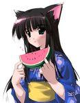  animal_ears black_hair blue_kimono cat_ears food fruit gad_guard green_eyes holding holding_food holding_fruit japanese_clothes kimono long_hair long_sleeves md5_mismatch minamino_kanata obi sash shinozuka_arashi solo watermelon yukata 