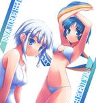  armpits arms_up bikini blue_eyes blue_hair braid breasts kusuha_mizuha multiple_girls nanakusa seolla_schweizer super_robot_wars swimsuit 