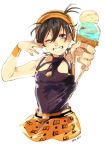  1boy aruti black_hair choker hairband ice_cream_cone jojo_no_kimyou_na_bouken male_focus narancia_ghirga purple_eyes solo twitter_username upper_body vento_aureo wristband 