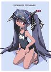  black_hair black_school_swimsuit diving_mask diving_mask_on_head e=mc2_(mosimosi) glasses kneeling kooh long_hair name_tag one-piece_swimsuit pangya red_eyes sandals school_swimsuit snorkel solo swimsuit twintails 