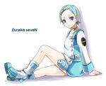  boots collar copyright_name eureka eureka_seven eureka_seven_(series) green_hair kubyou_azami long_sleeves looking_at_viewer purple_eyes sitting solo thigh_strap white_footwear 