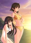  bare_shoulders bikini breasts brown_eyes brown_hair copyright_request long_hair multiple_girls nature sunset swimsuit tareme white_swimsuit yasuomi 