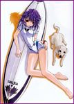  barefoot copyright_request dog feet hands hasumi_eran highres purple_hair red_eyes solo surfboard wetsuit 
