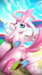  2019 3_toes anthro anus ball beach beach_ball black_nose blue_eyes bow breasts butt cloud cute_fangs eeveelution female fluffy fluffy_ears fluffy_tail fur gloves_(marking) half-closed_eyes inviting kikisnowpaw looking_at_viewer looking_back markings nintendo nude pawpads pink_ears pink_fur pink_pawpads pink_tail pok&eacute;mon pok&eacute;mon_(species) presenting presenting_pussy pussy raised_tail rear_view ribbons sand sea seaside sky snout socks_(marking) solo sylveon toes tongue video_games water white_fur 
