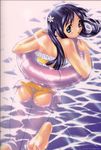  afloat ass bare_shoulders barefoot black_hair blue_eyes blue_hair blush bracelet casual_one-piece_swimsuit feet flower frilled_swimsuit frills from_behind hair_flower hair_ornament innertube jewelry kawata_hisashi light_rays long_hair looking_back mizuki_mana one-piece_swimsuit open_mouth scan soles solo sunbeam sunlight swimming swimsuit twintails water wedgie wet white_album 