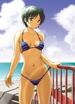  beach bikini cloud day green_hair hozumi_naiki navel original outdoors purple_eyes short_hair solo striped swimsuit tan 