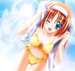  amakase_miharu bent_over bikini blue_eyes da_capo da_capo_i day one_eye_closed orange_hair otoki_raku solo swimsuit towel 