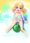  artist_request bikini blonde_hair breasts food fruit medium_breasts purple_eyes sasamori_karin solo swimsuit to_heart_2 watermelon wet 