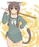  animal_ears bokken braid brown_eyes brown_hair cat_ears cat_tail chaccu frown hair_over_shoulder long_sleeves maria-sama_ga_miteru school_uniform serafuku shimazu_yoshino solo sword tail twin_braids weapon wooden_sword 