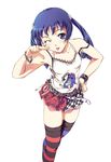  :p ;p bird blue_eyes blue_hair blush bra_strap bracelet camisole fashion hair_ornament hand_on_hip jewelry leaning_forward long_hair mifumi_takafumi mismatched_legwear mizuki_mana one_eye_closed penguin skirt solo strap_slip striped striped_legwear thighhighs tongue tongue_out twintails white_album yoshio_(leaf) zettai_ryouiki 