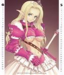  2005 armor armored_dress blonde_hair breasts calendar_(medium) copyright_request crown duplicate elf green_eyes hat highres june large_breasts long_hair may pointy_ears solo sword tanaka_takayuki underboob watermark weapon web_address 