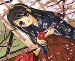  :d alcohol barefoot black_hair blush cherry_blossoms cup dutch_angle floral_print g_munyo hakama japanese_clothes long_hair long_sleeves looking_at_viewer open_mouth original purple_eyes sakazuki sake shouji sitting sliding_doors smile solo 