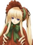  blonde_hair blue_eyes bonnet bow capelet dress flower long_hair long_sleeves red_capelet rose rozen_maiden shinku smile solo twintails very_long_hair yuuryuu_nagare 