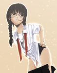  akitama black_eyes black_hair braid buruma copyright_request glasses gym_uniform hair_in_mouth hands_on_hips leaning_forward school_uniform solo twin_braids undressing 