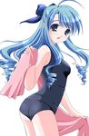  blue_eyes blue_hair copyright_request drill_hair half_updo long_hair one-piece_swimsuit pure_cruel school_swimsuit solo swimsuit towel 