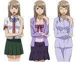  artist_request blonde_hair bow brown_eyes brown_hair closed_eyes costume_chart ginga_kuon gokujou_seitokai green_skirt jewelry long_hair long_sleeves multiple_girls multiple_persona necklace pleated_skirt purple_skirt school_uniform simple_background skirt smile variations white_background 