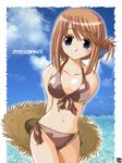  2005 arms_behind_back bikini blue_eyes blush brown_bikini brown_hair cloud day folded_ponytail front-tie_top hair_ornament hair_up hairclip hana_(hana_mo_arashi_mo) hat komaki_manaka leaning navel short_hair side-tie_bikini sky smile solo straw_hat sun_hat swimsuit thigh_gap to_heart_2 water 