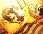  bed bow ikegami_akane lost_passage pleated_skirt school_uniform skirt solo thighhighs twintails yamabuki_sayuki zettai_ryouiki 