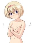  :o blonde_hair blue_eyes blush bow breast_hold breasts chaccu eyebrows_visible_through_hair flat_chest hair_between_eyes hair_bow hairband head_tilt looking_at_viewer navel nude original parted_lips pink_bow pink_hairband short_hair simple_background solo upper_body white_background 