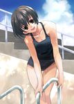  :d black_eyes black_hair black_school_swimsuit cloud copyright_request day head_tilt looking_at_viewer matsumoto_noriyuki one-piece_swimsuit open_mouth outdoors pool_ladder poolside school_swimsuit short_hair sky smile solo stadium swimsuit teeth thigh_gap wet 