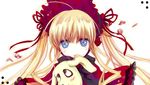  ahoge blonde_hair blue_eyes blush bonnet capelet cradle_(artist) expressionless floating_hair flower kunkun long_hair looking_at_viewer petals red_capelet rose rozen_maiden shinku solo twintails upper_body very_long_hair 