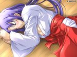  2002 ayakaze_ryuushou breasts game_cg hakama japanese_clothes large_breasts long_sleeves miko nipples open_clothes open_shirt red_hakama run_(eroge) shirt sleeping solo sumiyoshi_himiko watermark 